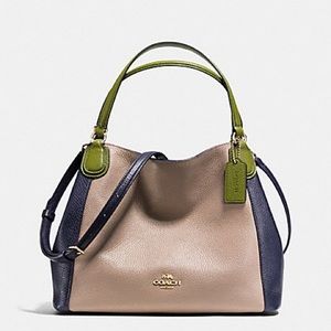 COACH Edie 28 Colorblock Leather Satchel Gold Navy Stone